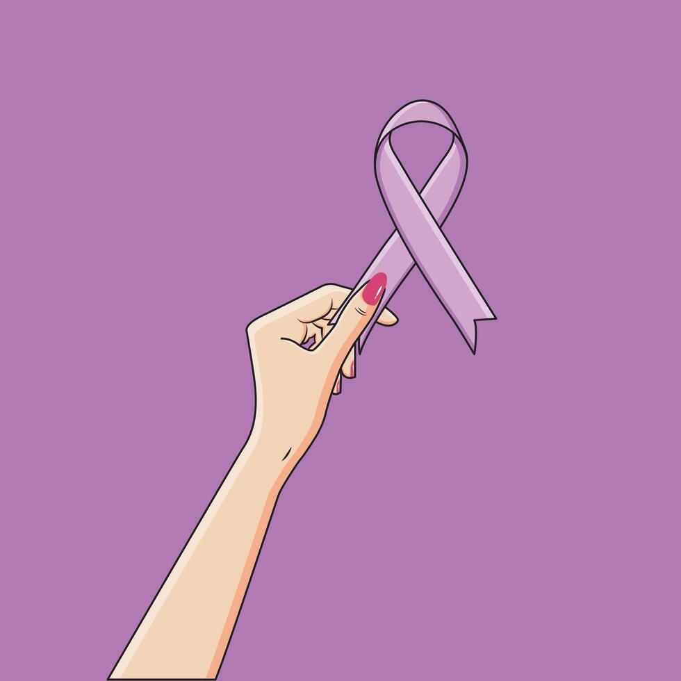 kvinna hand innehav lavendel- satin band Allt cancer medvetenhet värld cancer dag vektor illustration