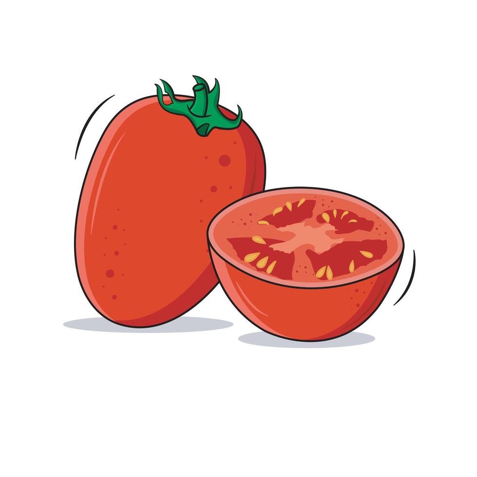 frisch ganze Tomate und frisch Hälfte saftig Tomate isoliert auf Weiß Hintergrund, Vektor Illustration