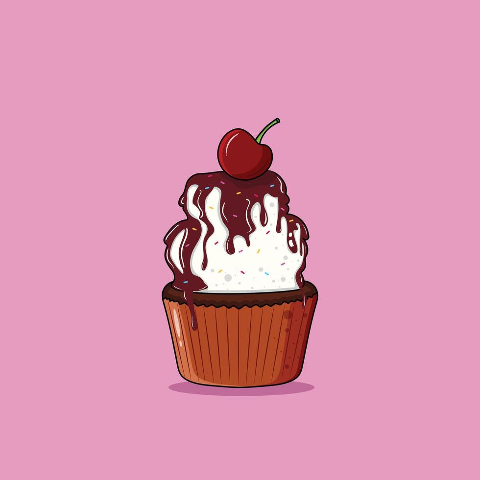 cremig Cupcake Kirsche auf oben mit geschmolzen tropft Schokolade und Sträusel Vektor Illustration