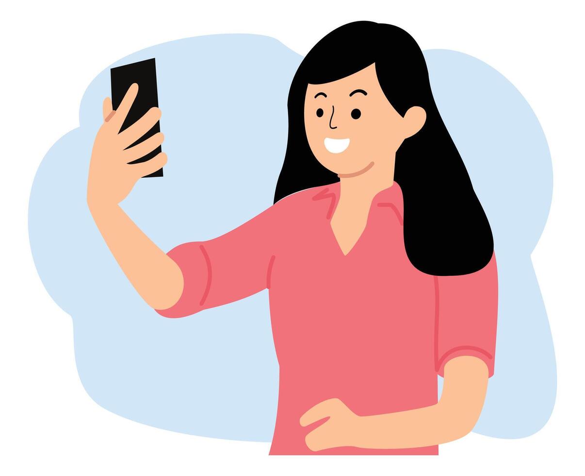 Lycklig ung kvinna se på de smartphone och leende ta selfie Foto vektor