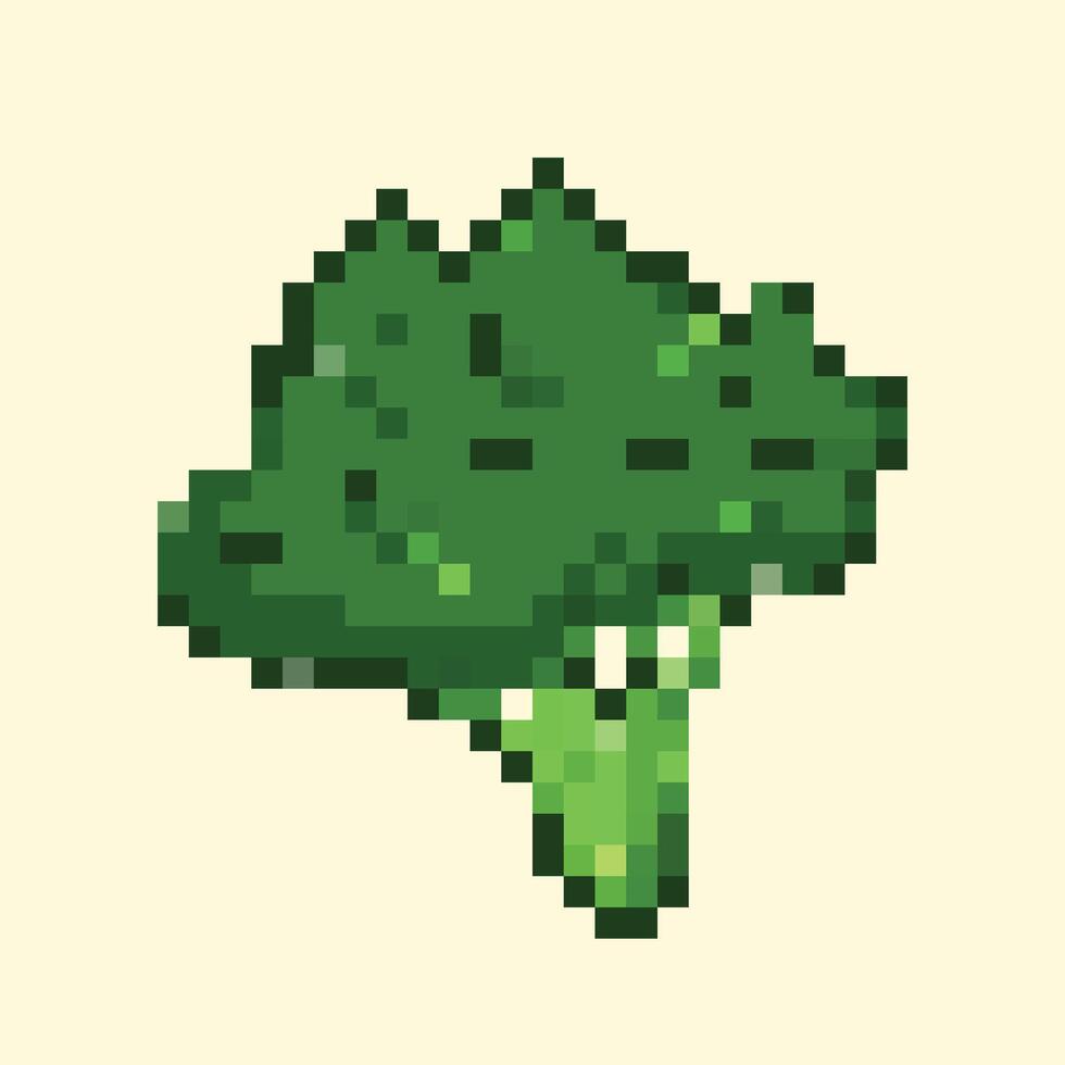 8 bit pixel vektor illustration av rå grön broccoli isolerat på fyrkant gul bakgrund. enkel platt tecknad serie retro spel konst styled teckning.