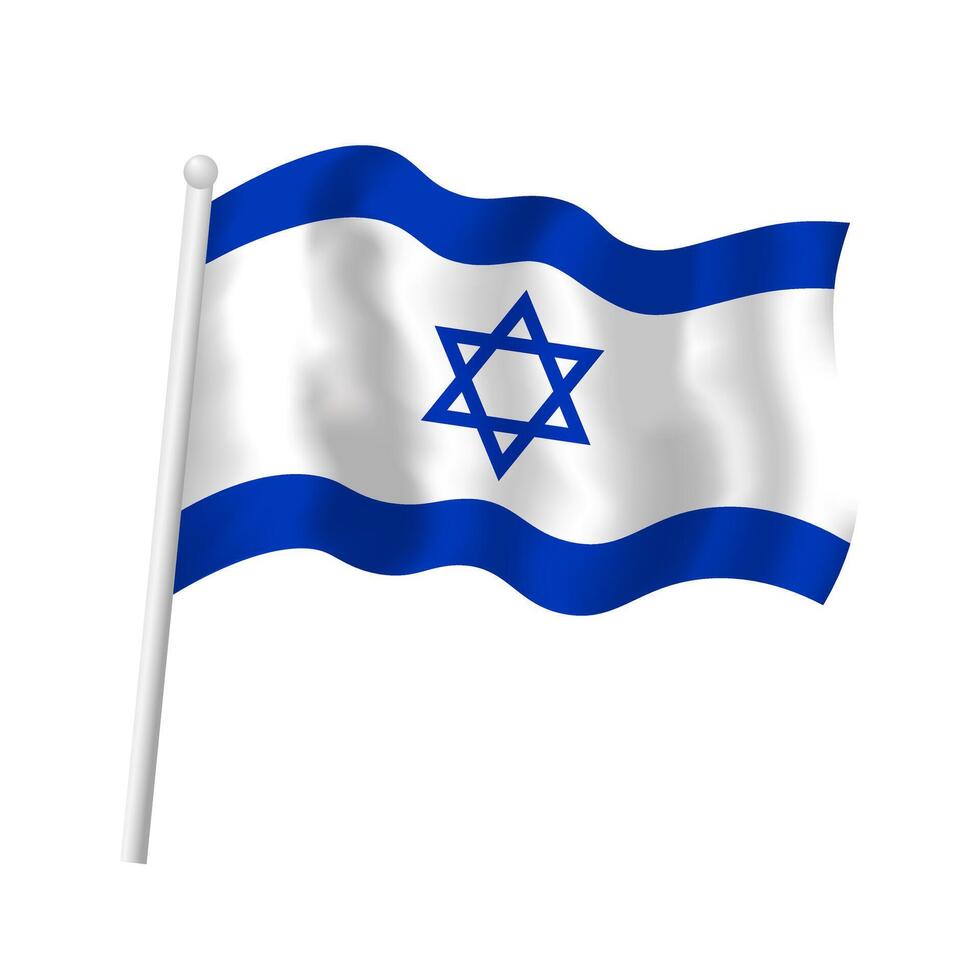 Israel flagga på flaggstång vinka i vind. vektor isolerat illustration av israeli flagga med blå hexagram, stjärna av david.