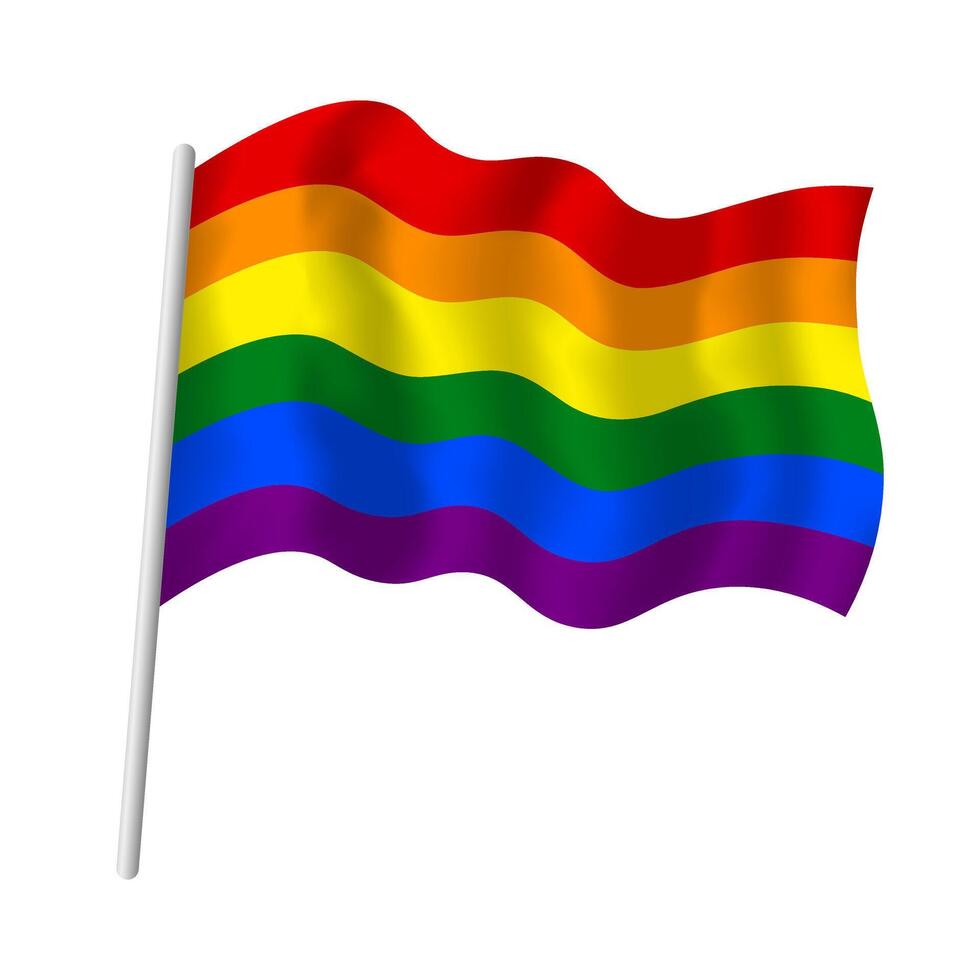 HBTQ flagga på flaggstång vinka i vind. vektor illustration av sexuell minoriteter symbol i sex färgrik färger. regnbåge flagga isolerat.