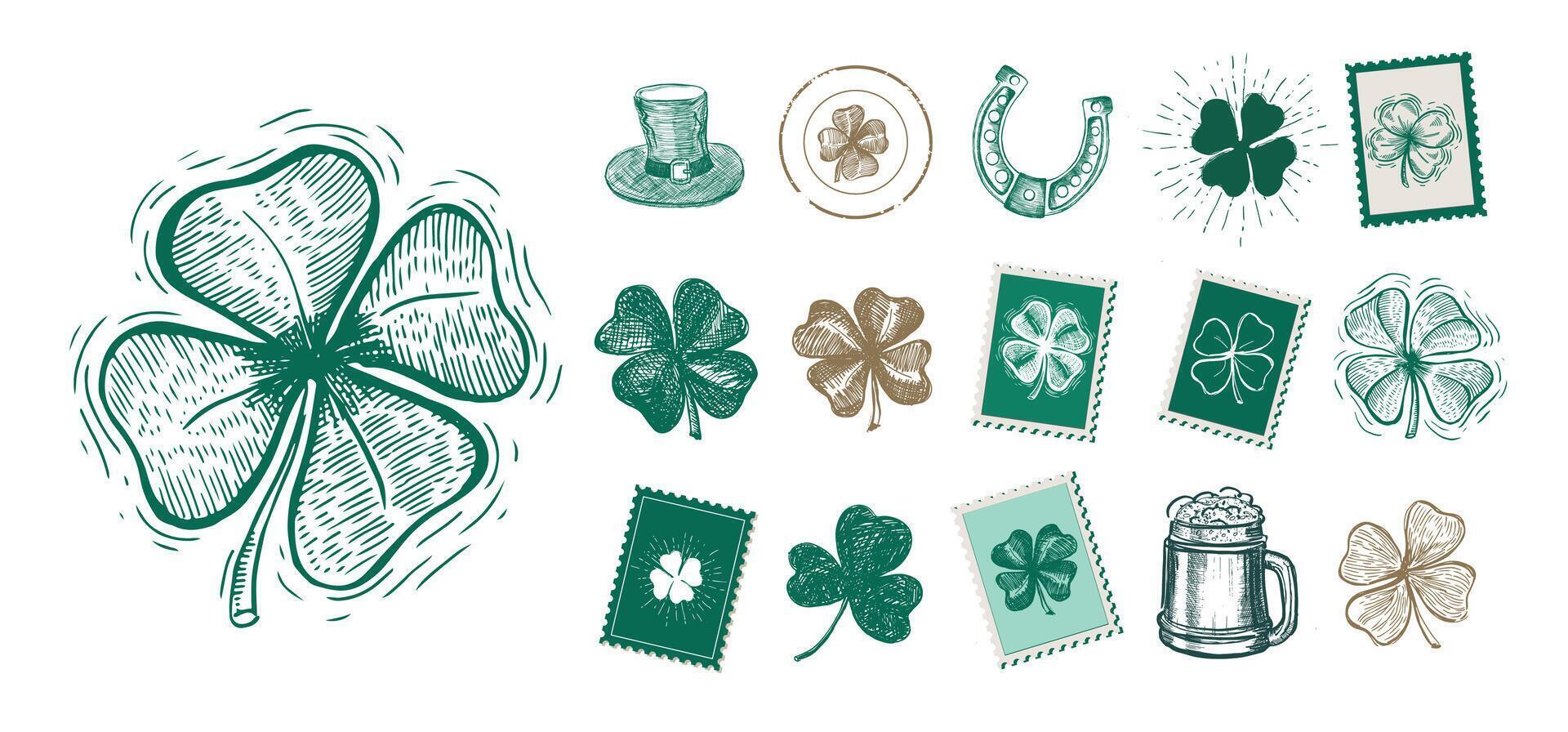 st. Patricks dag uppsättning, stämplar, post, vykort, hand dragen illustrationer vektor