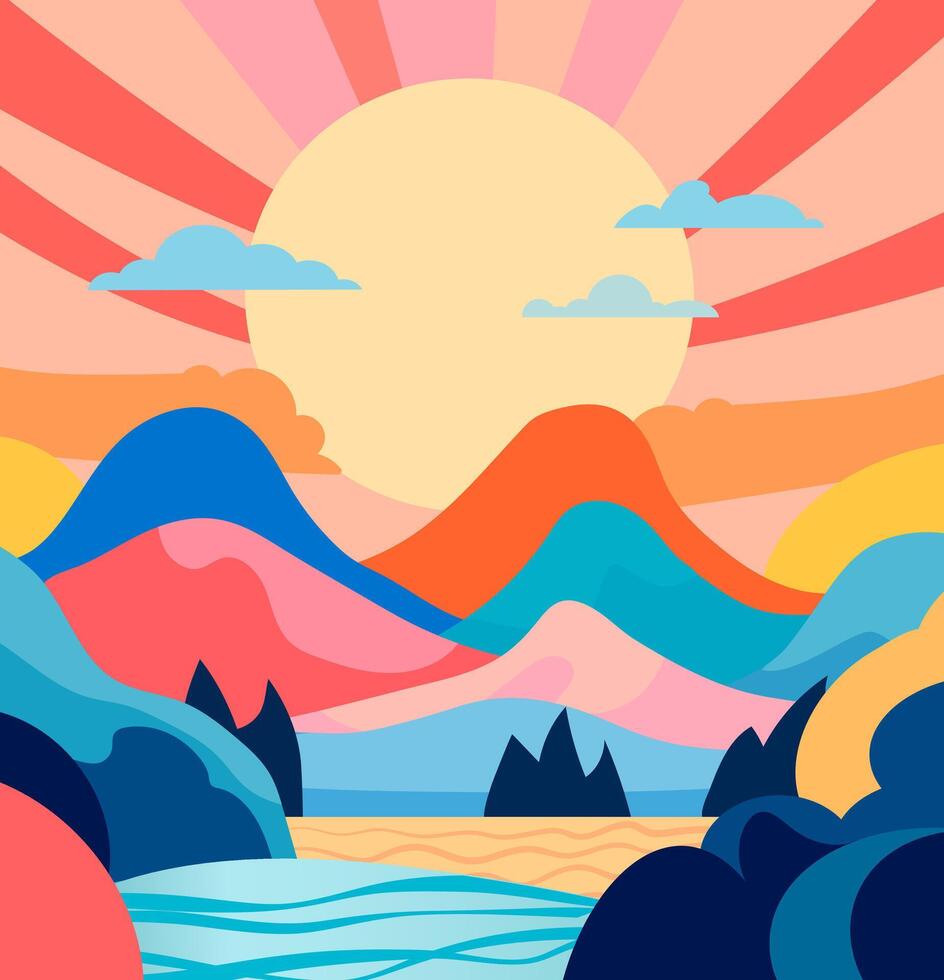 stilisiert Vektor Landschaft Sonnenuntergang im das Berge