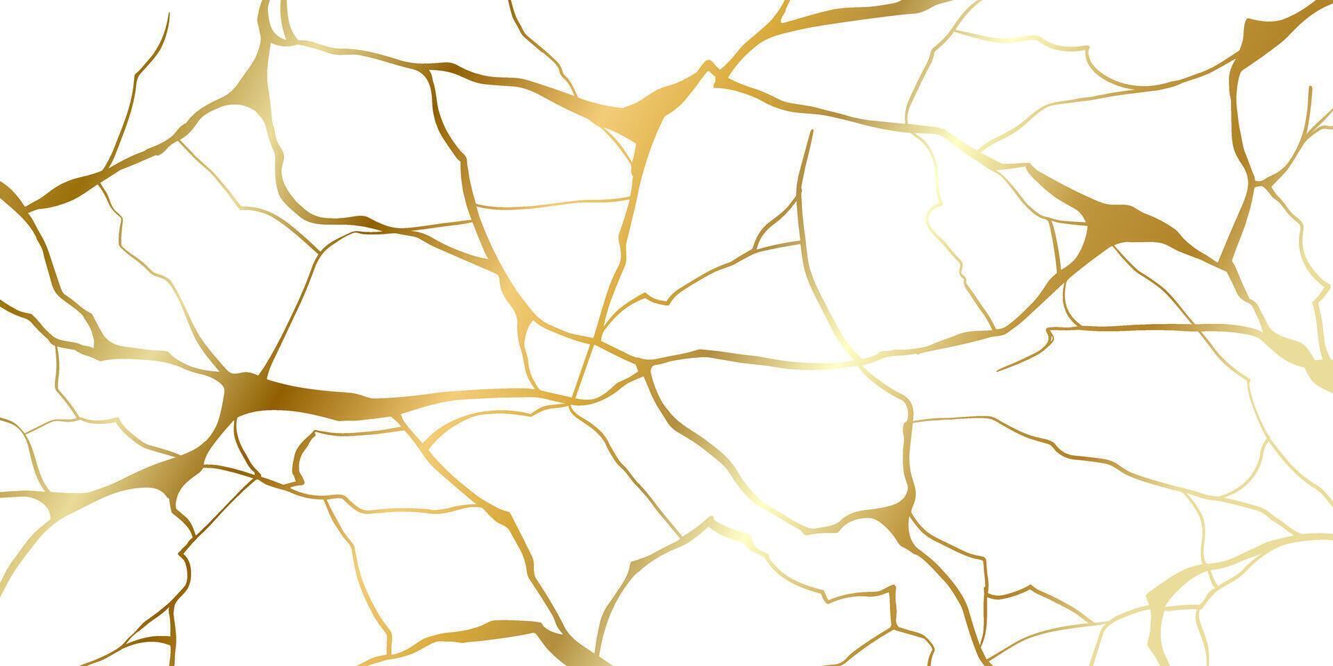 guld kintsugi reparera sprickor bakgrund textur vektor illustration isolerat på vit bakgrund. bruten folie marmor mönster med gyllene torr sprickor. bröllop kort, omslag eller skriva ut mönster japansk motiv.