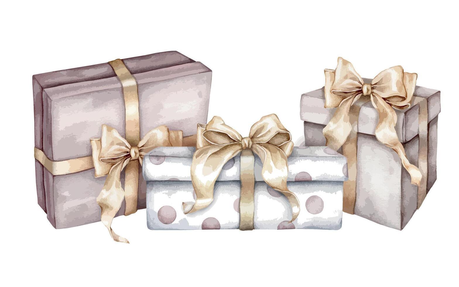 ny år och födelsedag beige och vit med polka prickar gåva lådor med guld pilbågar. vattenfärg hand teckning illustration på isolerat vit bakgrund. element för design högtider eller bröllop pastell färger vektor