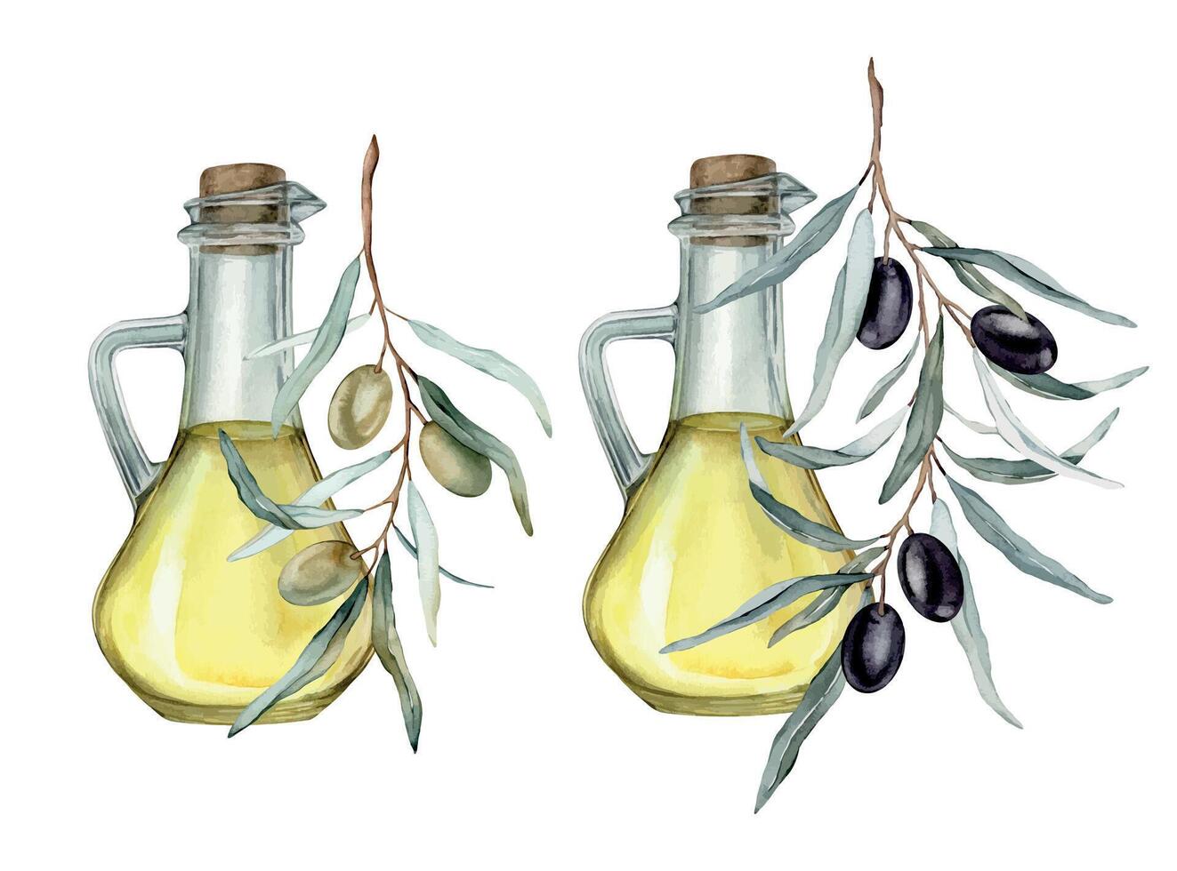 oliv olja i glas flaska. hand dragen illustration isolerat bakgrund. naturlig färsk organisk gul vegetabiliska olja i burk realistisk vattenfärg bild. ren vegan krydda. för design vektor