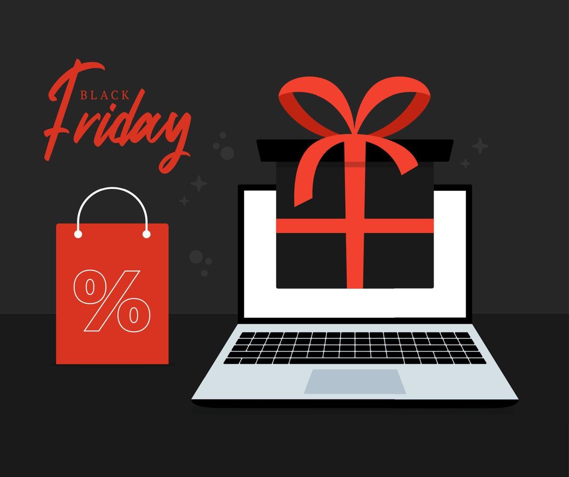 Black Friday Online-Shopping-Konzept. Schwarzer Freitag Online-Werbeverkauf Web-Banner-Konzept auf Laptop-Bildschirm mit Geschenkbox. saisonaler E-Commerce, flache Vektorillustration vektor