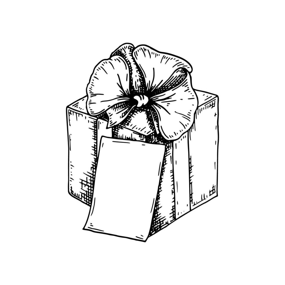 handgezeichnete Luxus-Geschenkbox mit Schleife und Grußkarte. Vektor-Illustration im Stil einer Skizze auf weißem Hintergrund. Platz für Text vektor