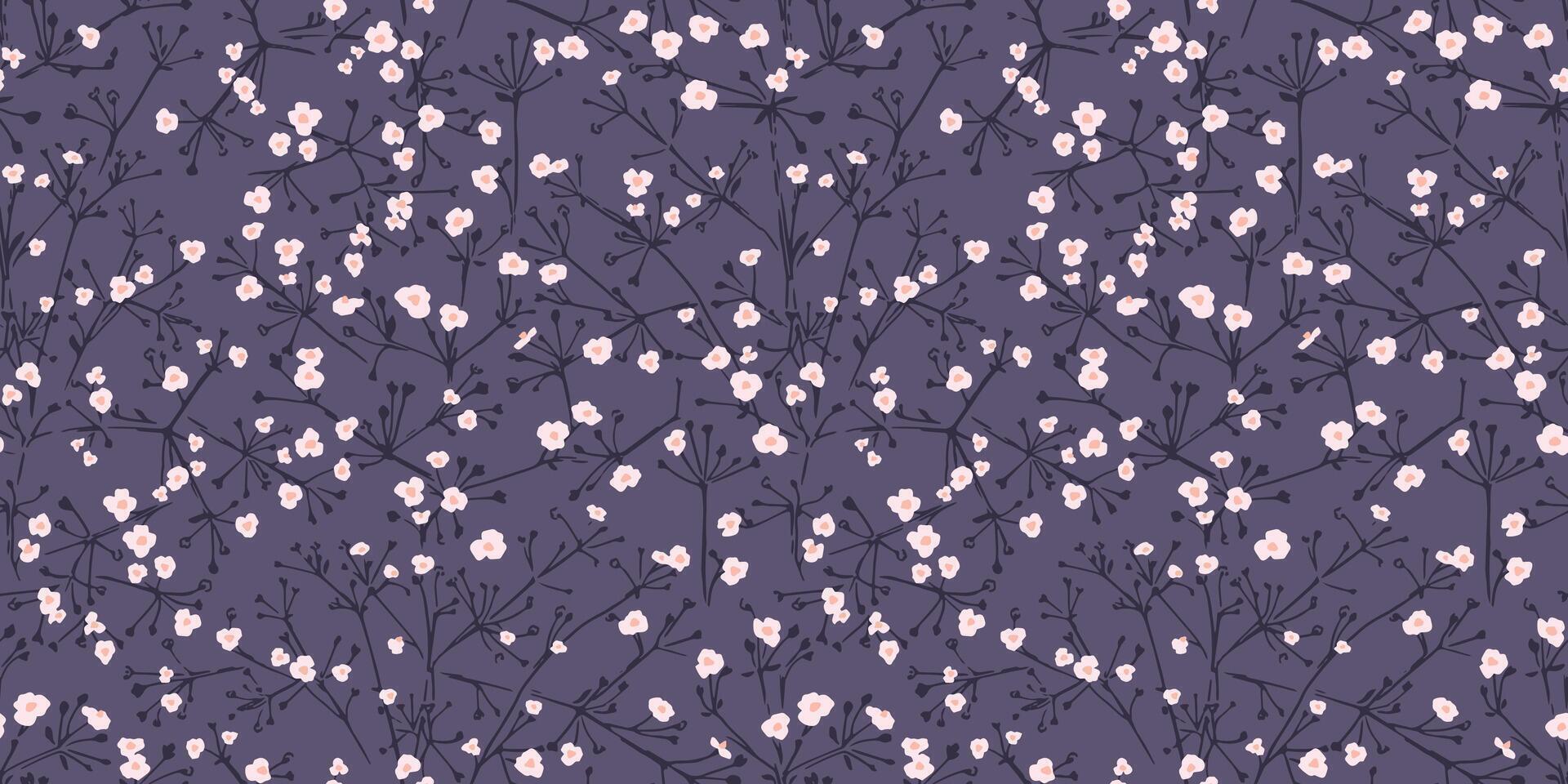 stiliserade enkel mycket liten blommor och grenar sömlös mönster på en mörk bakgrund. söt små blommig skriva ut av ett abstrakt form. vektor hand dragen skiss. design för mode, tyg och textilier