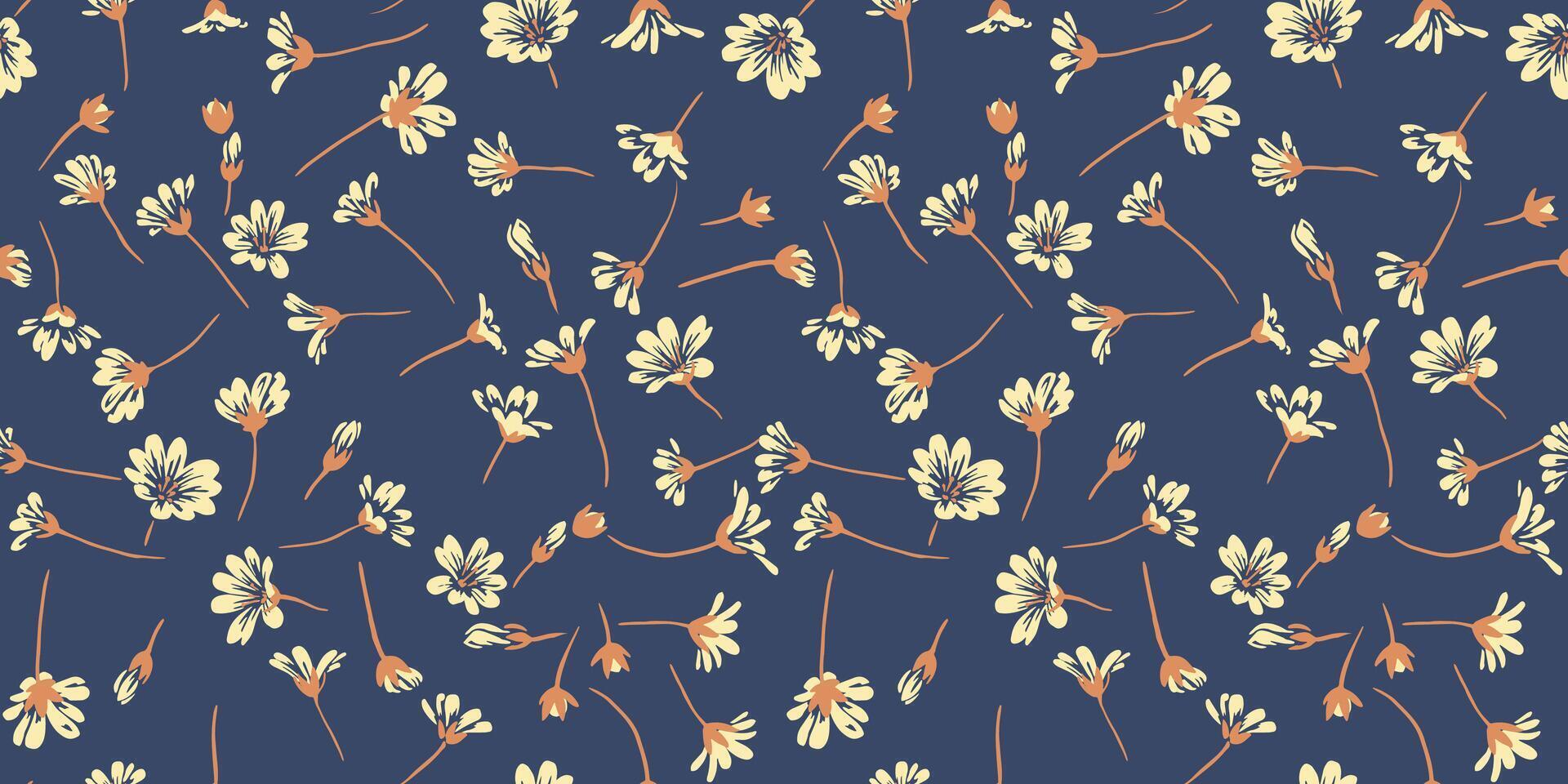 künstlerisch winzig Blumen nahtlos Muster. Vektor Hand gezeichnet skizzieren. dunkel Blau Blumen- drucken. Vorlage zum Design, Stoff, Mode, Textil, Papier, Hintergrund