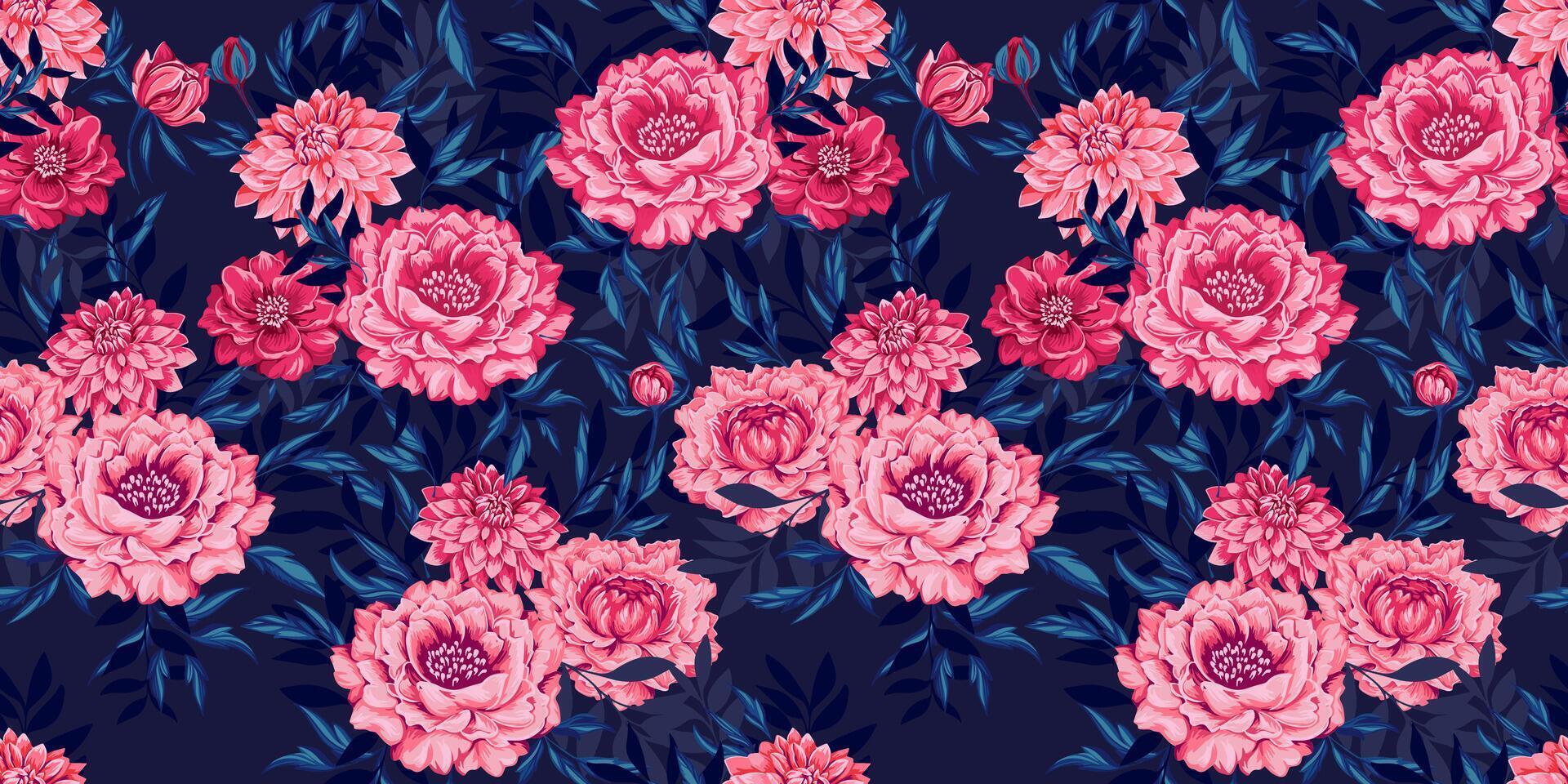 chic blomning konstnärlig abstrakt blommor pion dahlia och grenar löv, blad, lövverk sömlös mönster. ljus röd rosa blommig på en mörk bakgrund. vektor dragen illustration. design för mode