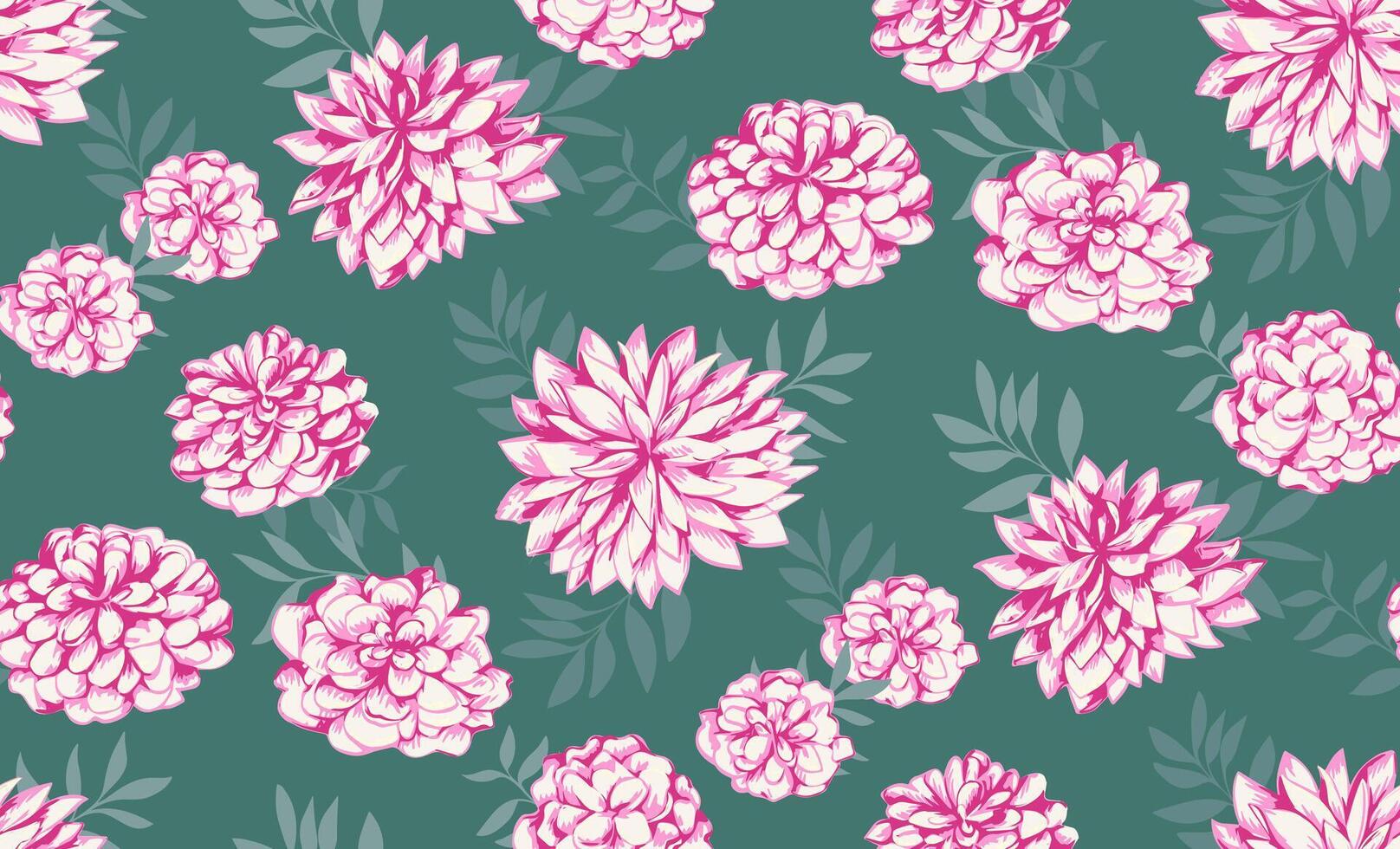 ljus rosa abstrakt konstnärlig blommig och form löv sömlös mönster på en grön bakgrund. stiliserade sommar eller vår blommor utskrift. vektor hand dragen illustration. design för mode, tyg