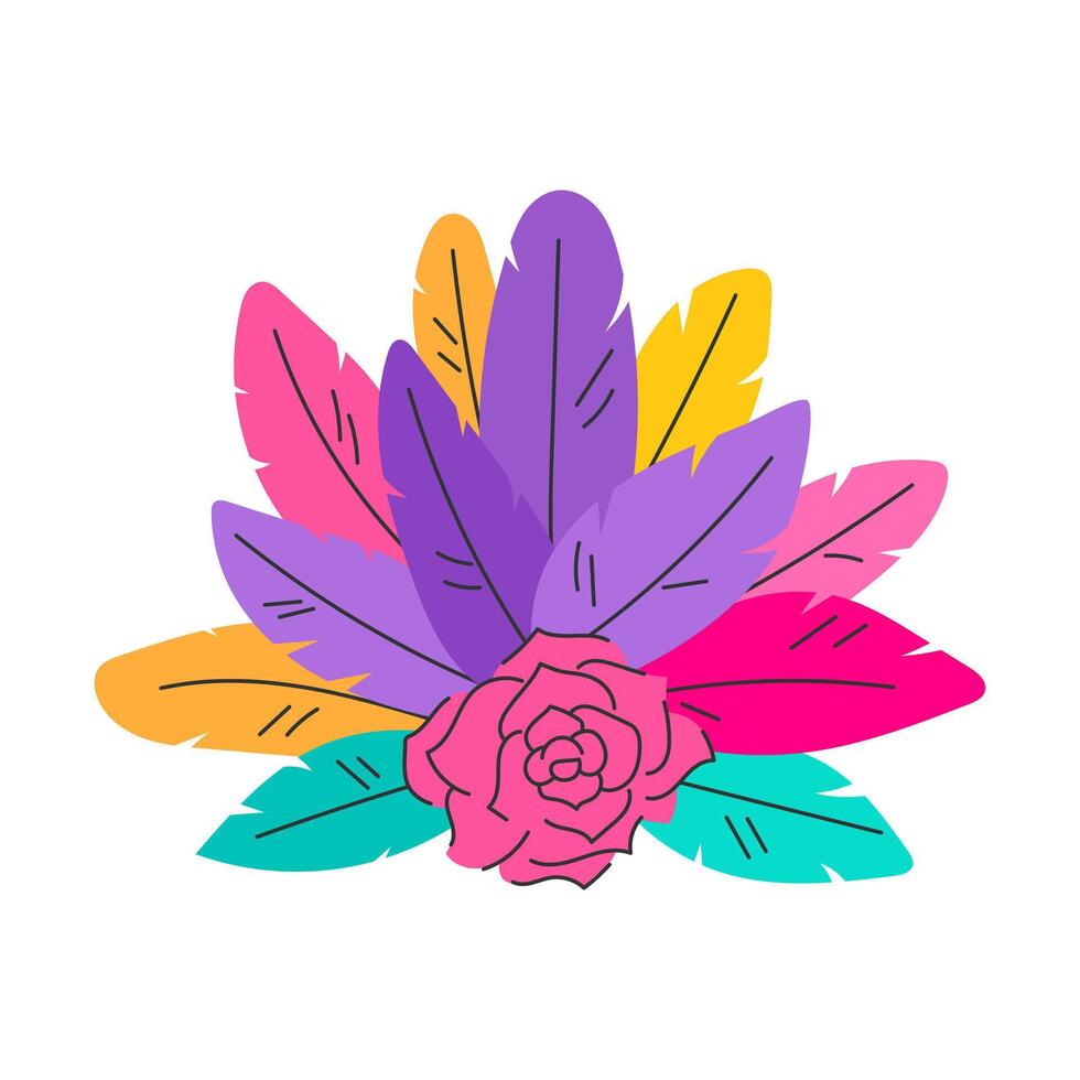 dekorativ Element mit hell Gefieder und Rose Blume. eben Karikatur Vektor Illustration isoliert auf Weiß Hintergrund