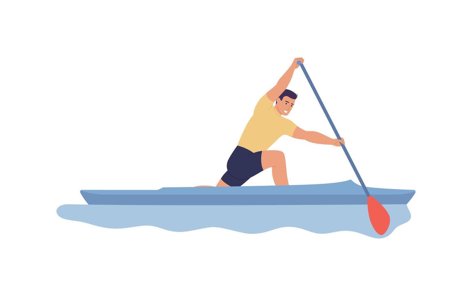 jung Mann im ein Boot schwebend auf das Fluss, das Konzept von Rudern Wettbewerbe, Kanusport. Vektor Illustration im eben Stil.
