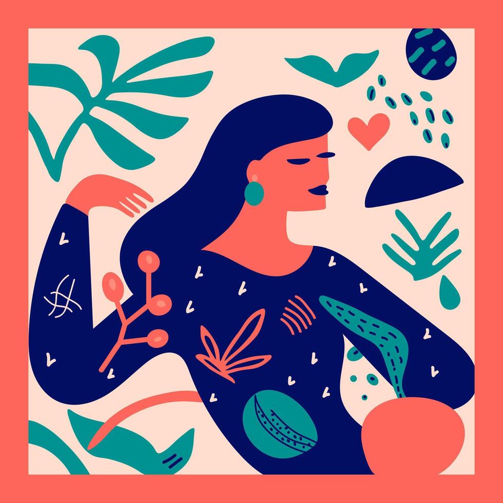 Hand gezeichnet zeitgenössisch Porträt Frau im entspannt Pose, matisse inspiriert. abstrakt Blumen und Formen Collage. Vektor Illustration im Fett gedruckt Farben und einfach Formen