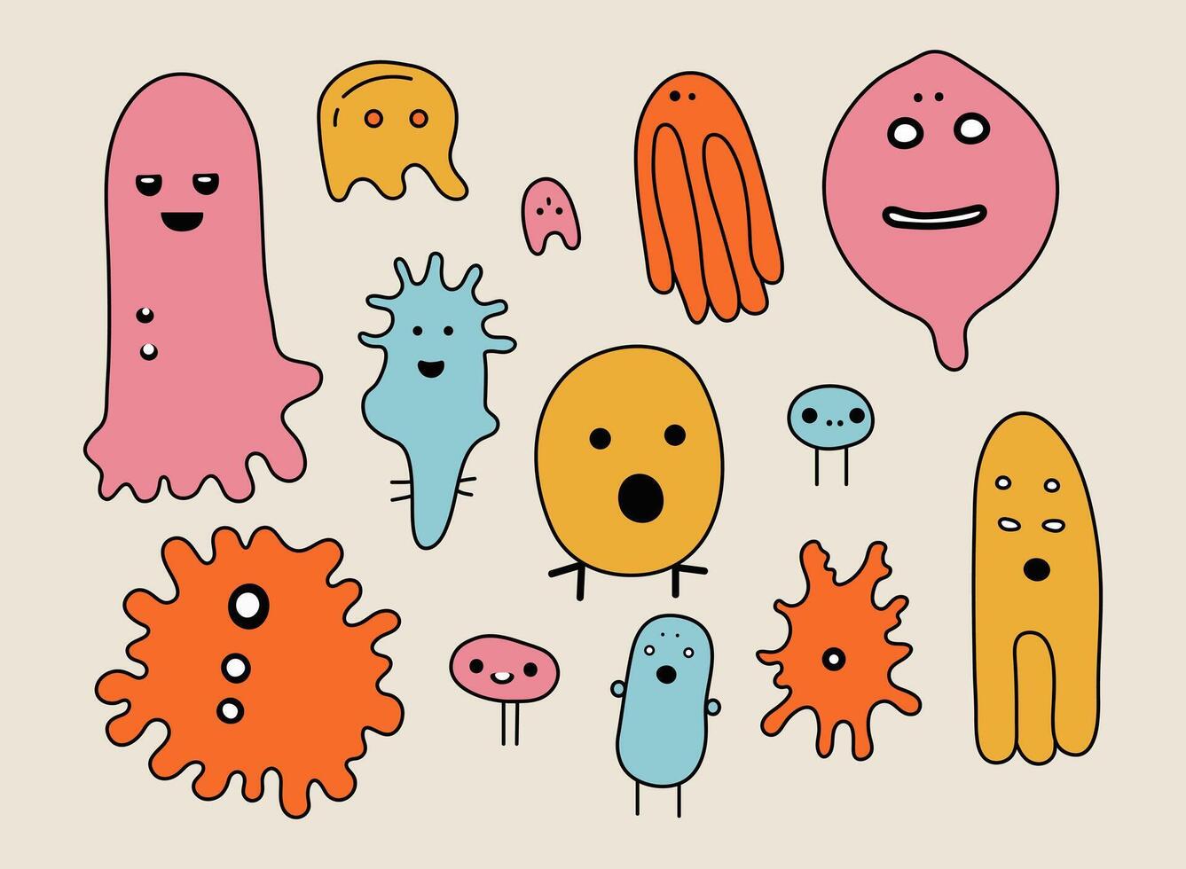 uppsättning av söt färgrik bakterier i platt tecknad serie stil isolerat på beige bakgrund. enkel hand dragen bakterier, barnslig klotter samling vektor