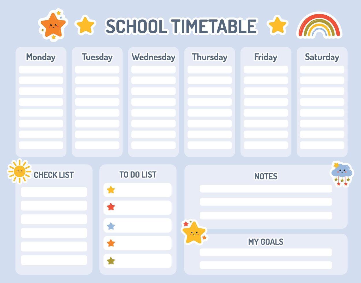 Schule Zeitplan zum Kinder. wöchentlich Planer. druckbar Zeitplan zum Kinder Design Vorlage. zurück zu Schule Planer. süß Planer zum Kinder Täglich Routine Verfolgung mit Täglich Pläne, Anmerkungen, Ziele, zu tun Liste. vektor