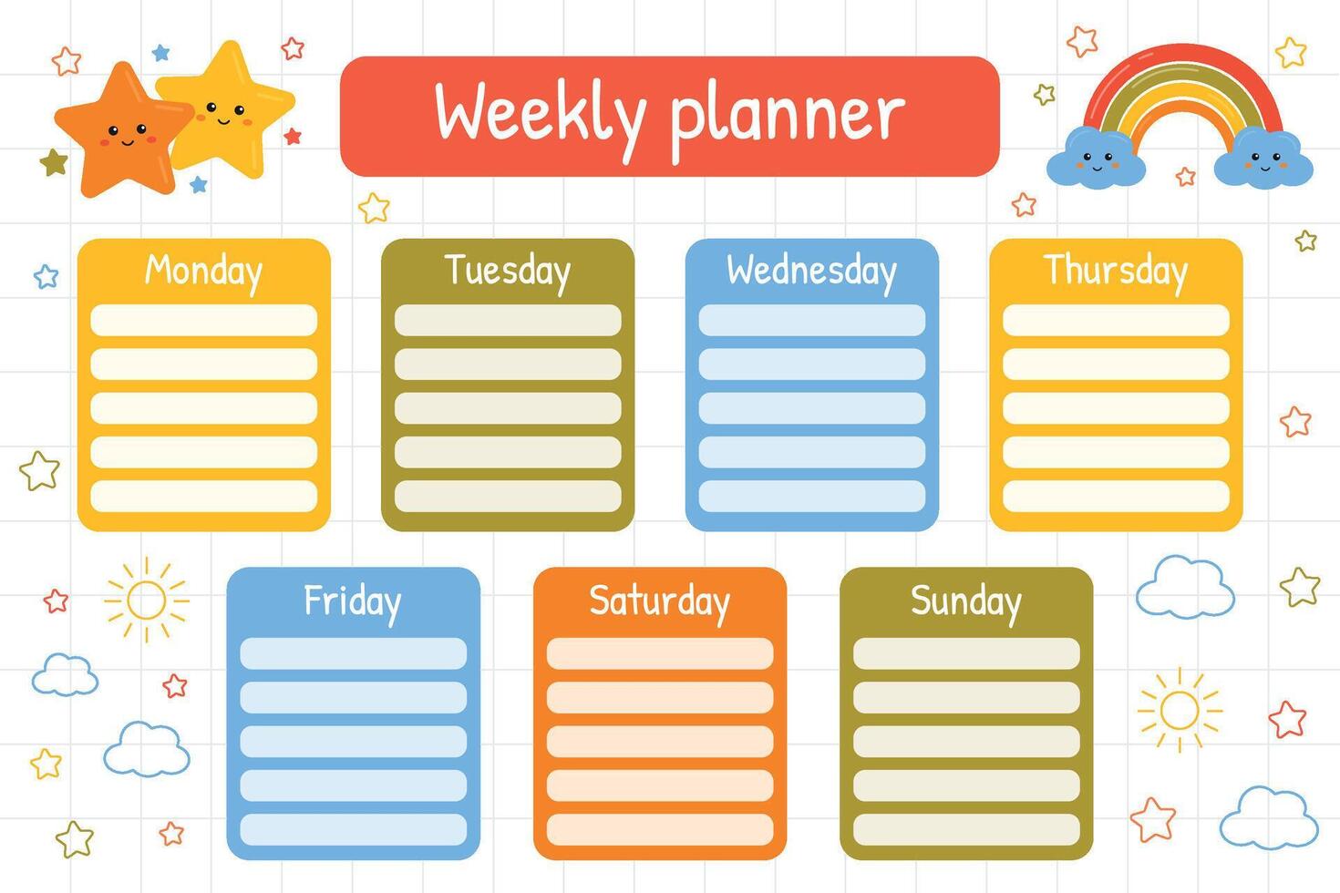 wöchentlich Planer zum Kinder, Schule Zeitplan druckbar Vorlage. Kinder Zeitplan zum Planung Kinder Täglich Routine, Unterricht, Klassen, Hobbys. zurück zu Schule Planer mit Regenbögen und Sterne. vektor