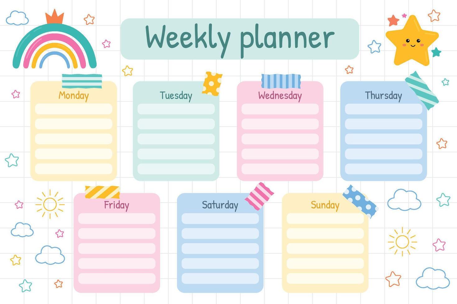 varje vecka planerare för barn tryckbar mall. skola tidtabell för skolkamrater. barn schema för en vecka för planera dagligen rutin, klasser, hobbyer. tillbaka till skola planerare med regnbågar och stjärnor. vektor
