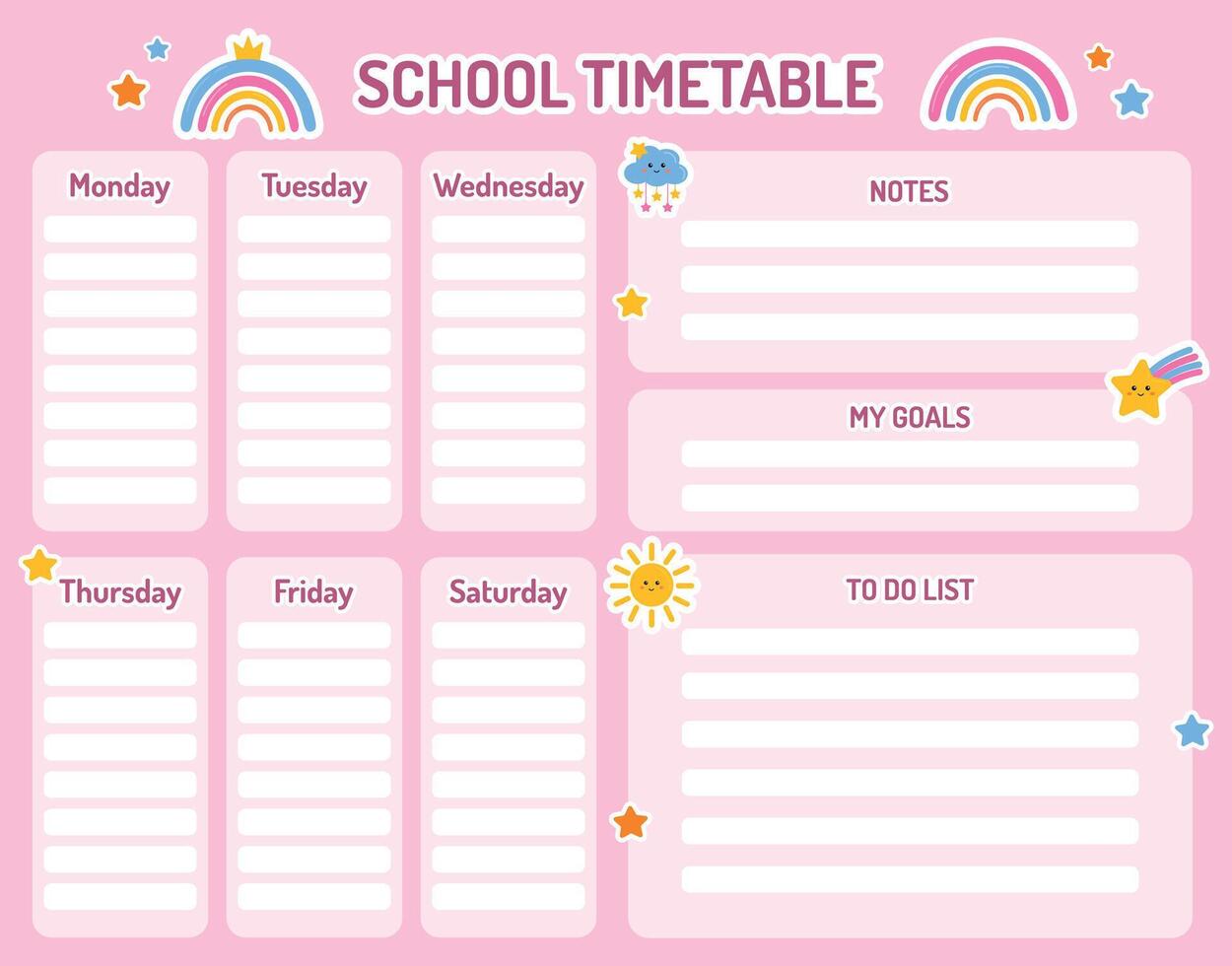 Schule Zeitplan, druckbar wöchentlich Planer zum Kinder. Unterricht, Klasse Planung, Anmerkungen, Ziele, zu tun Liste. Kinder Zeitplan Design Vorlage. Rosa wöchentlich Planer zum Mädchen mit Regenbogen, Stern. zurück zu Schule. vektor