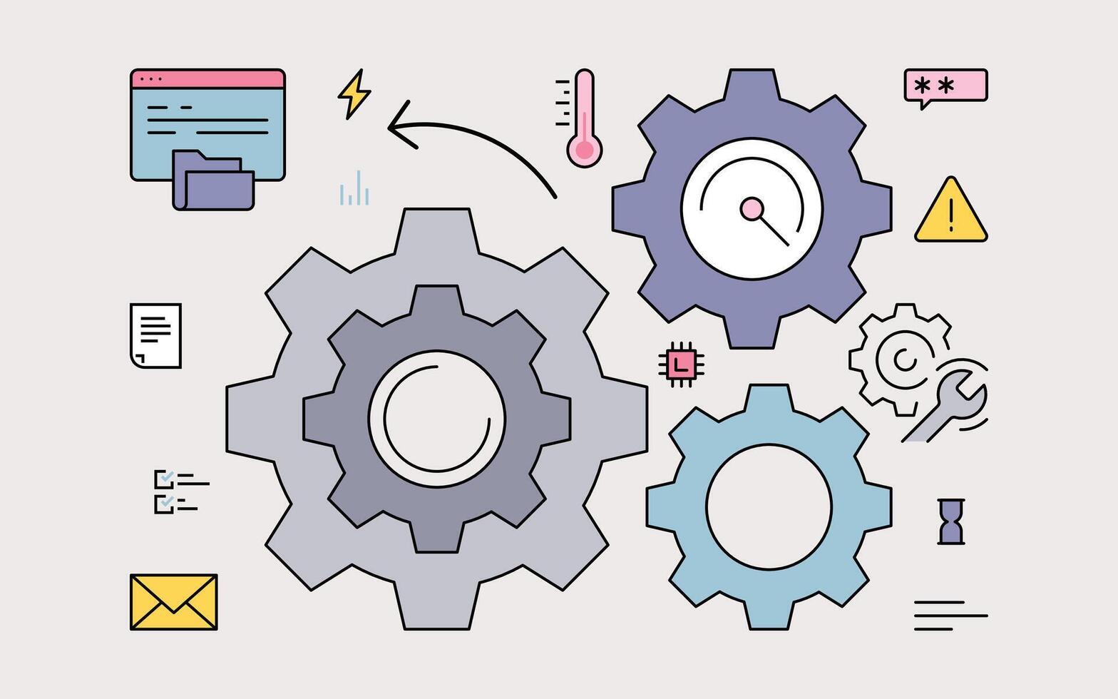 Fabrik Mechanismus und Ausrüstung Räder mit Maschine Arbeit Technologie Konzept Vektor Illustration.