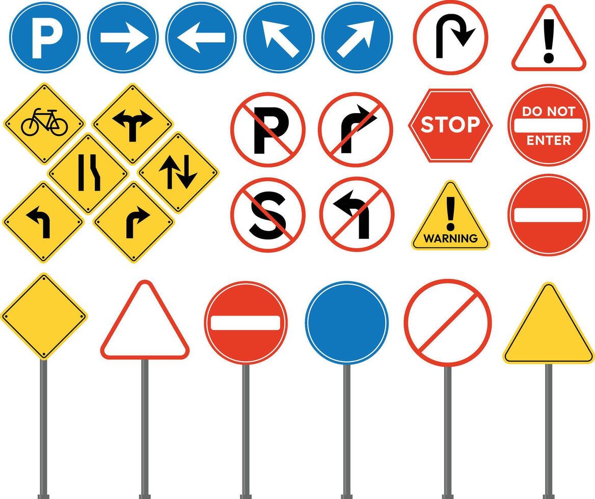 eben Design Vektor der Verkehr Warnung Vorsicht Information Symbol Zeichen einstellen Sammlung