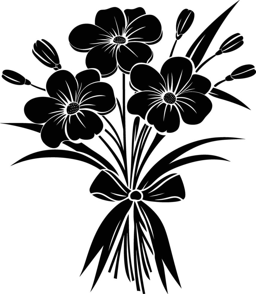 ai generiert Silhouette Frühling Blume Strauß gebunden mit Band schwarz Farbe nur vektor