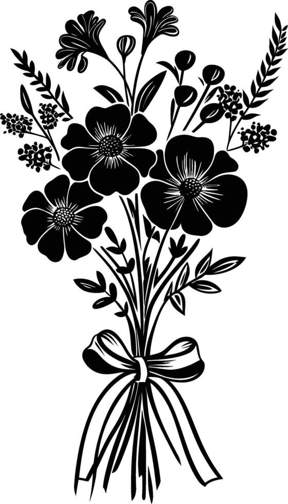 ai generiert Silhouette Frühling Blume Strauß gebunden mit Band schwarz Farbe nur vektor