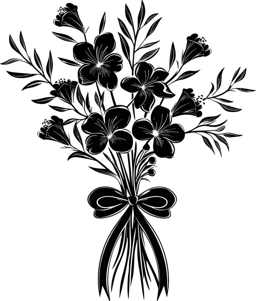 ai genererad silhuett vår blomma bukett bunden med band svart Färg endast vektor