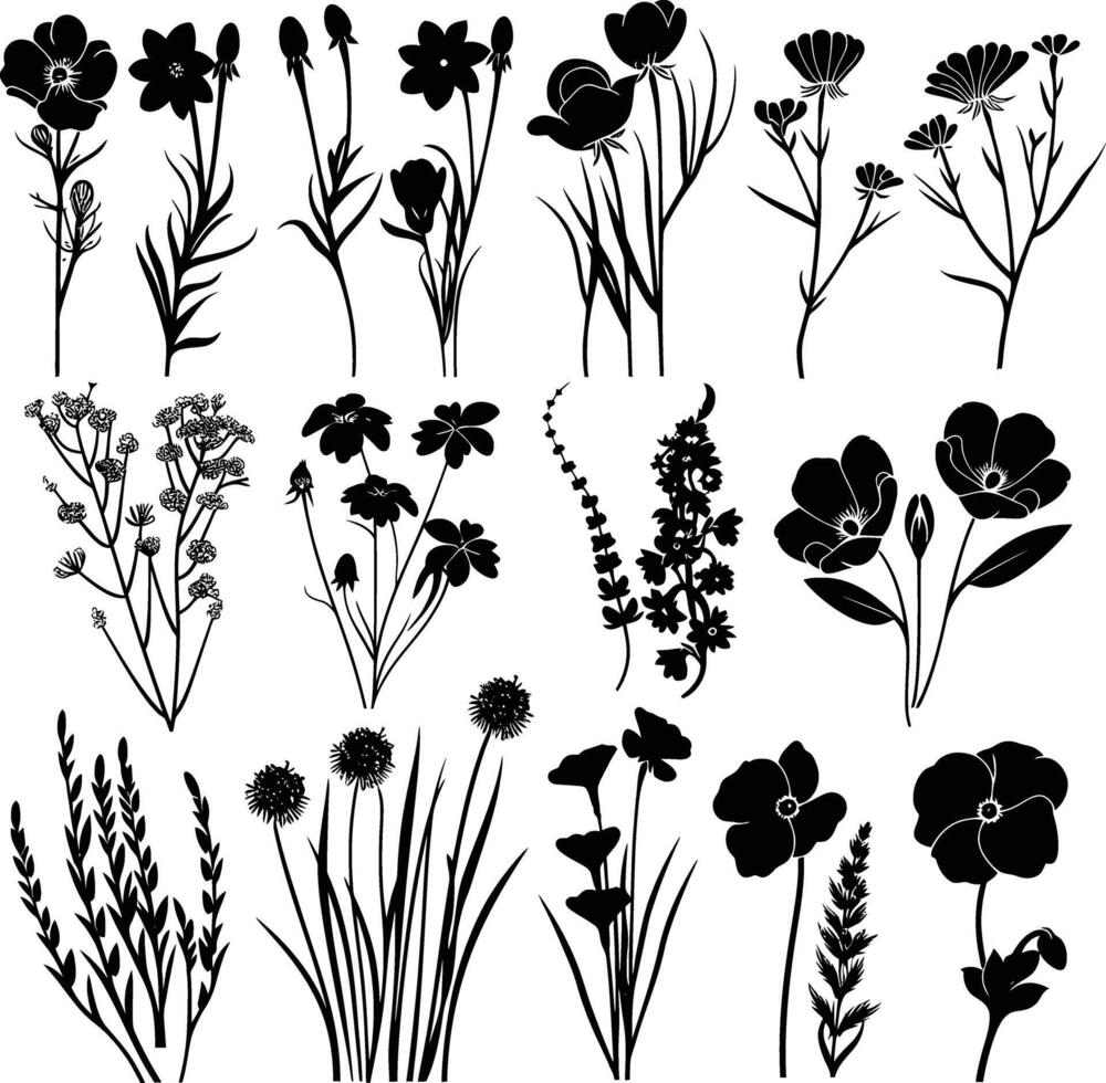 ai generiert Silhouette Frühling Blume Sammlung schwarz Farbe nur vektor