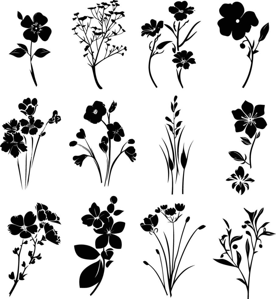 ai genererad silhuett vår blomma samling svart Färg endast vektor