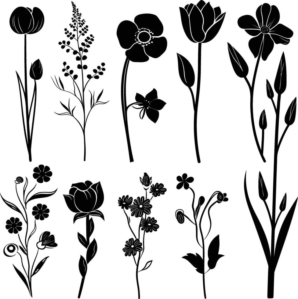 ai generiert Silhouette Frühling Blume Sammlung schwarz Farbe nur vektor