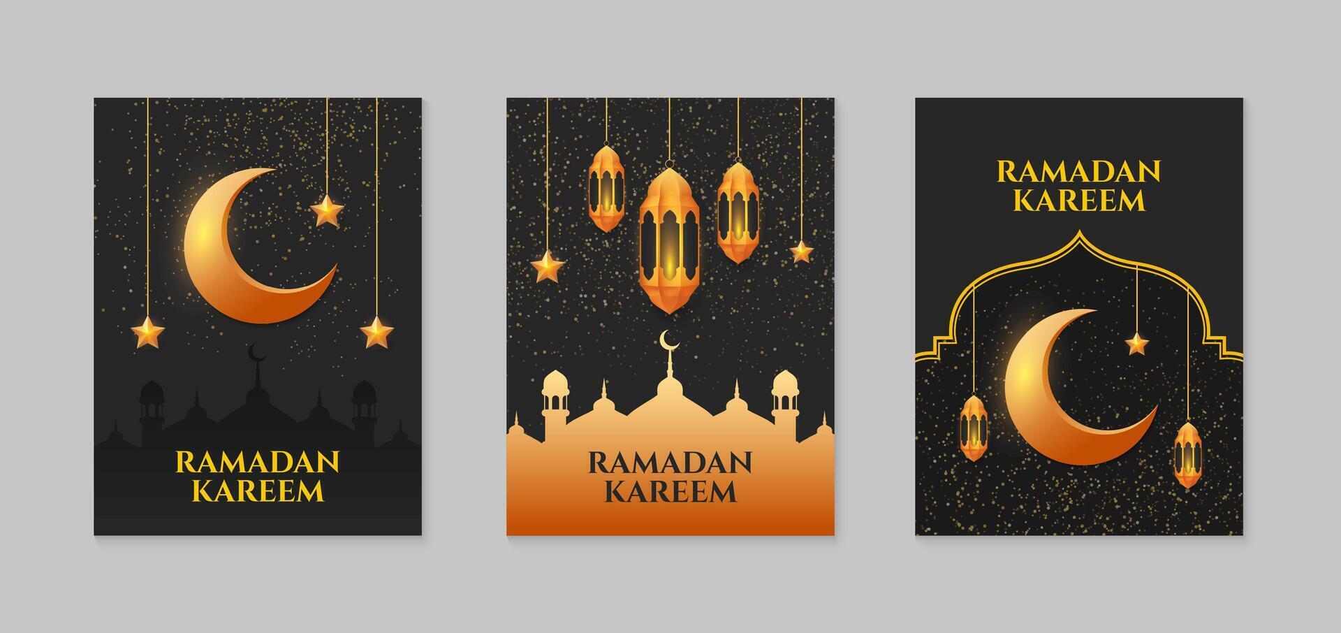 Ramadan karem. einstellen von islamisch Ramadan Gruß Karte Vorlage mit golden Halbmond Mond, Sterne und Moschee. Vektor Illustration.