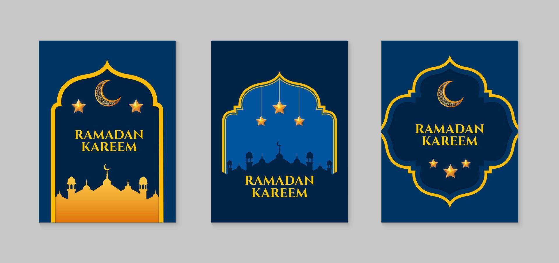 Ramadan karem. einstellen von islamisch Ramadan Gruß Karte Vorlage mit golden Halbmond Mond, Sterne und Moschee. Vektor Illustration.