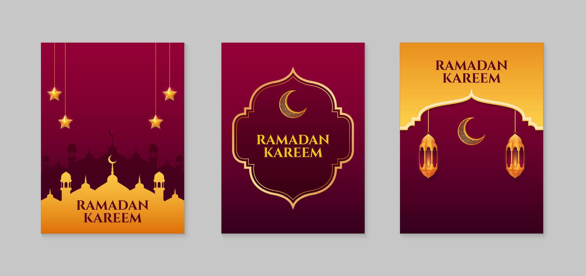 Ramadan karem. einstellen von islamisch Ramadan Gruß Karte Vorlage mit golden Halbmond Mond, Sterne und Moschee. Vektor Illustration.