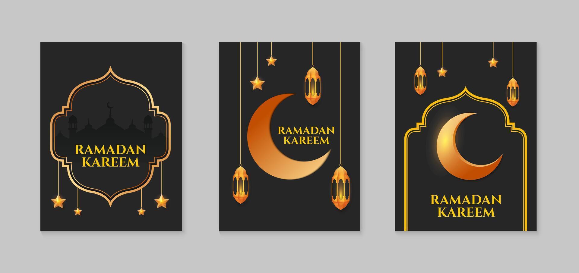Ramadan karem. einstellen von islamisch Ramadan Gruß Karte Vorlage mit golden Halbmond Mond, Sterne und Moschee. Vektor Illustration.
