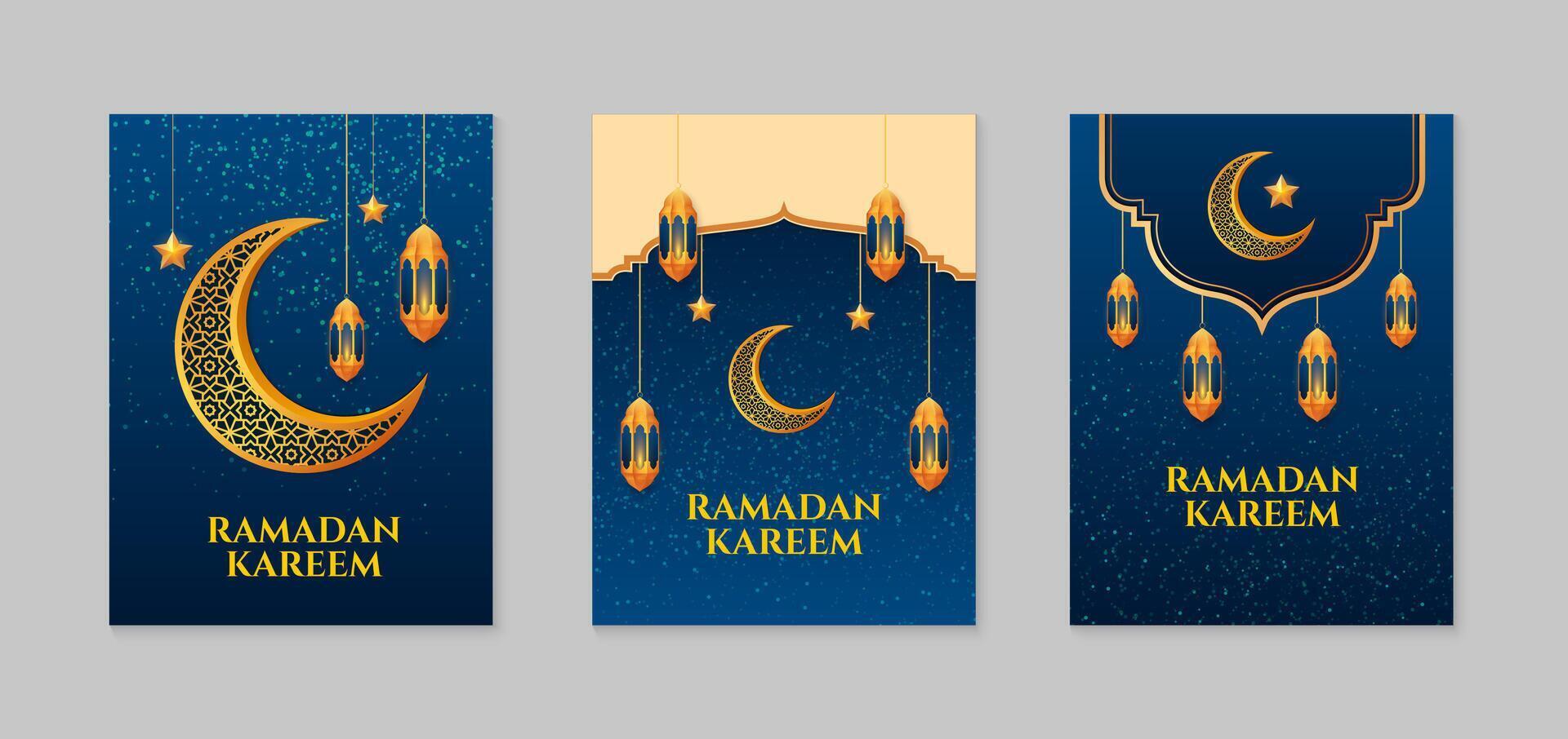 ramadan kareem. uppsättning av islamic ramadan hälsning kort mall med gyllene halvmåne måne, stjärnor och moskén. vektor illustration.