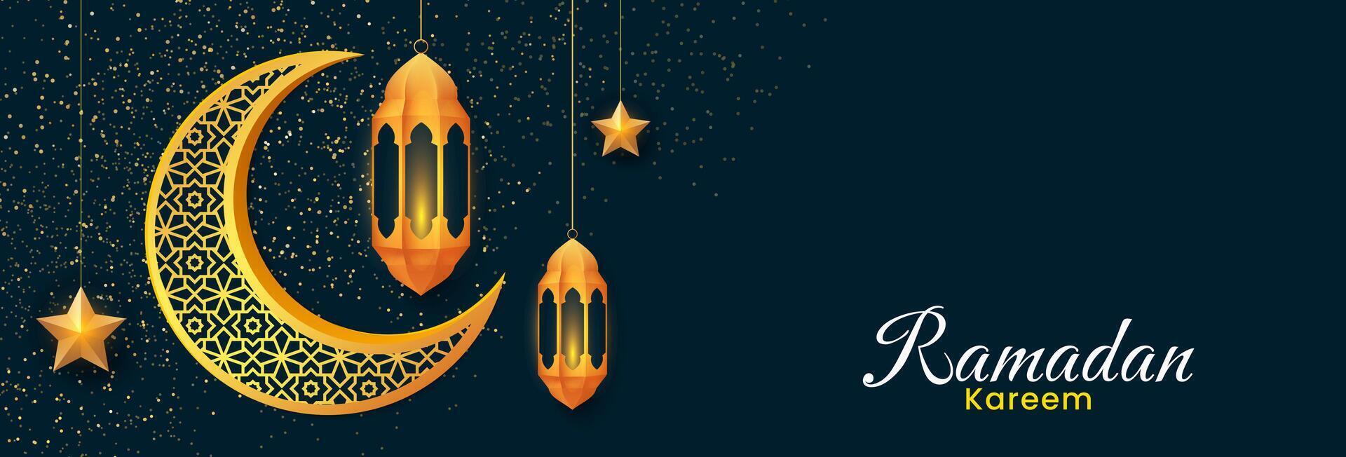 ramadan kareem baner design. islamic bakgrund med gyllene lyktor, stjärnor och halvmåne måne. vektor illustration
