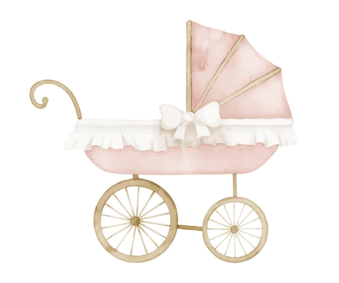 vattenfärg bebis pråm i årgång stil. retro unge sittvagn i söt pastell rosa och beige färger. transport för barn på isolerat bakgrund. hand dragen illustration av barnvagn för nyfödd fest vektor