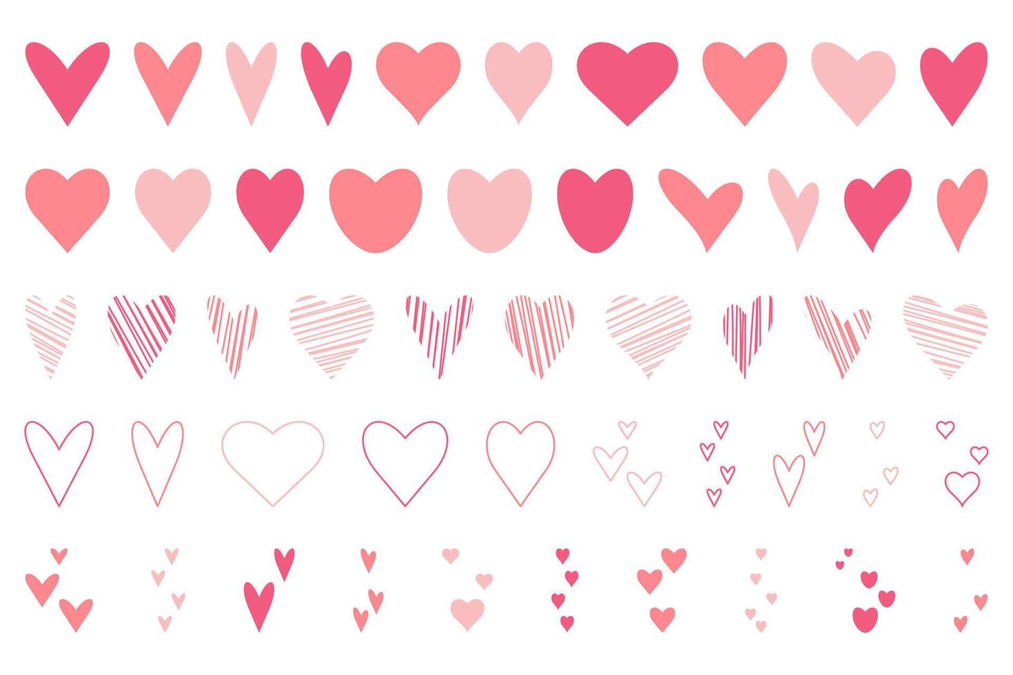 uppsättning av hand dragen rosa och röd hjärtan. vektor illustration.