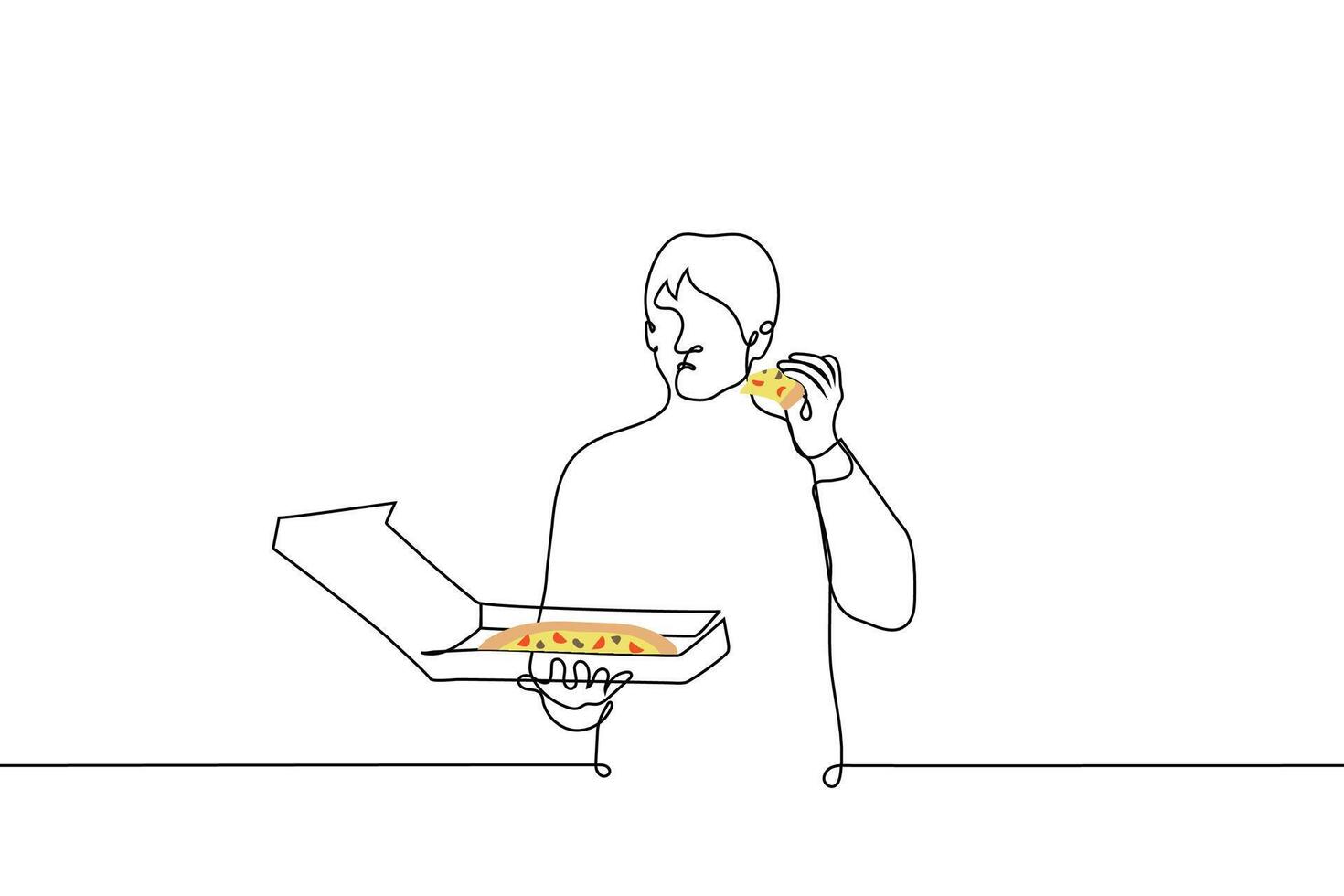 Mann steht mit ein Box von Pizza und isst ein Stück - - einer Linie Zeichnung Vektor. Konzept Essen Pizza allein, Pizza zum einer vektor
