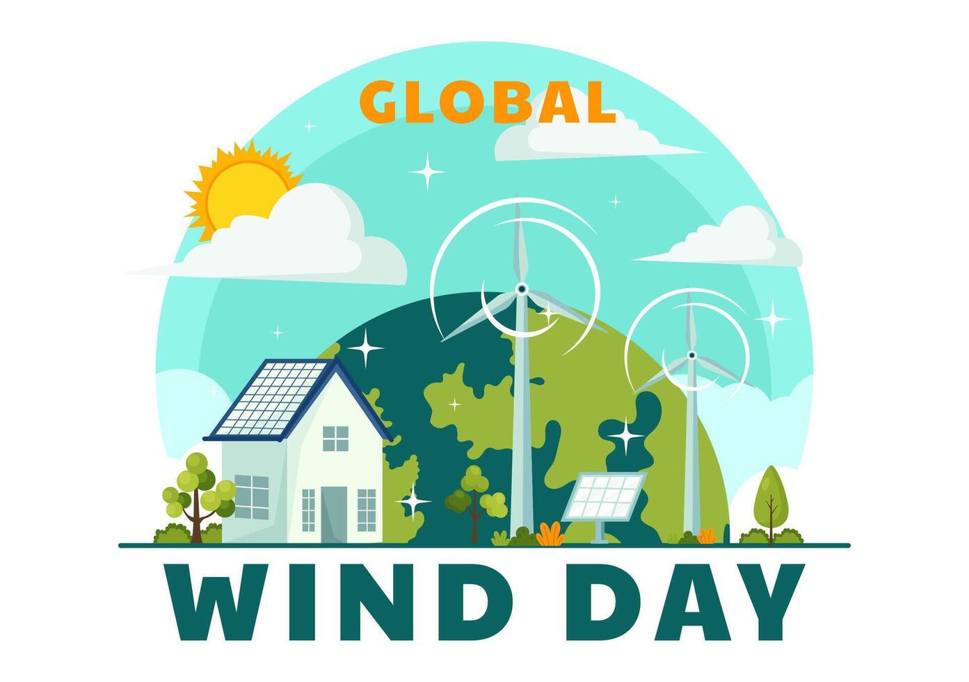 global Wind Tag Vektor Illustration auf Juni 15 mit Erde Globus und Winde Turbinen zum Leistung und Energie Systeme auf Blau Himmel im eben Karikatur Hintergrund