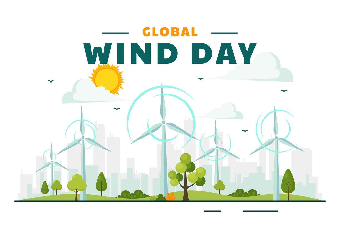global vind dag vektor illustration på juni 15 med jord klot och vindar turbiner för kraft och energi system på blå himmel i platt tecknad serie bakgrund
