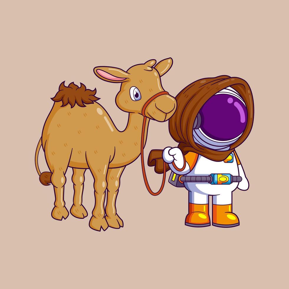 en astronaut och en kamel reser i de öken- husvagn vektor
