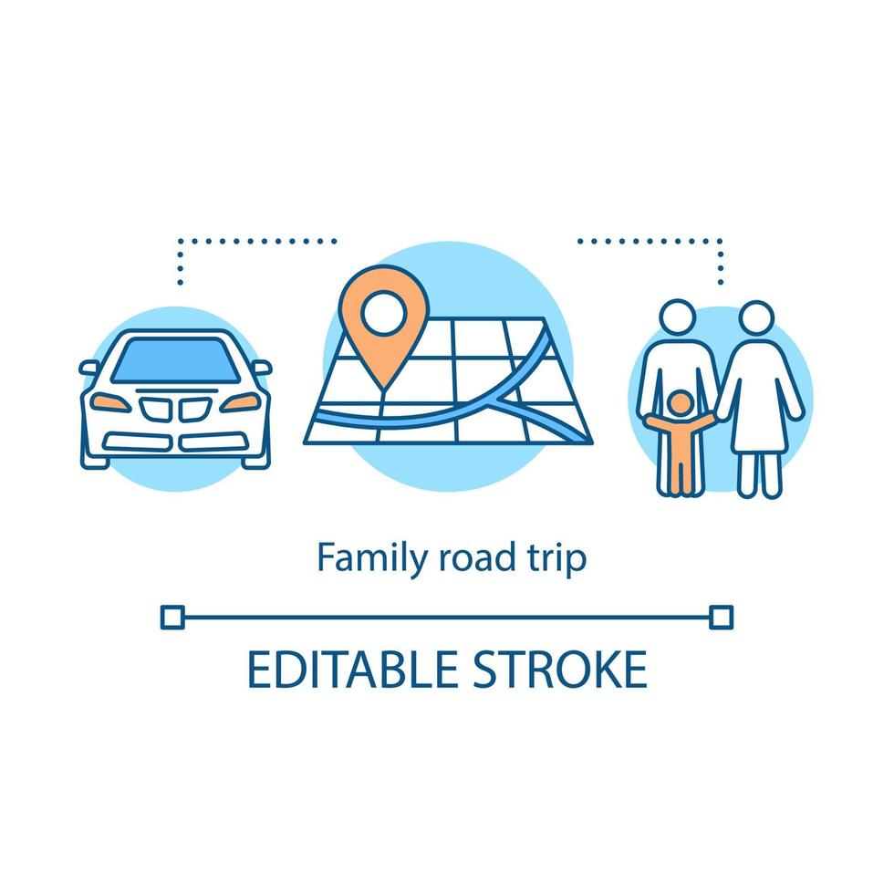 familj road trip ikon. tid tillsammans idé tunn linje illustration. tur genom lokalsamhället. hemstadsresa med barn. utomhusaktivitet. vektor isolerade konturritning. redigerbar linje