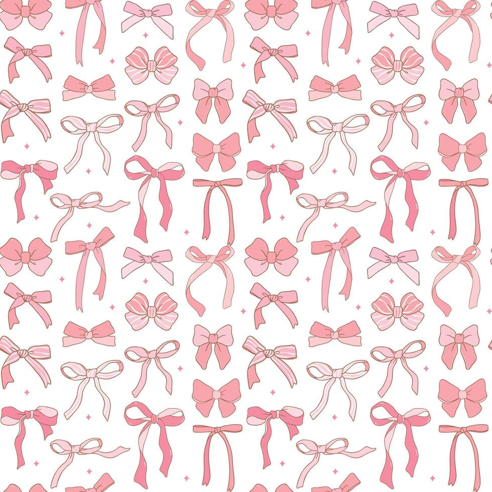 söt kokett estetisk mönster sömlös rosa band rosett klotter översikt isolerat på vit bakgrund vektor