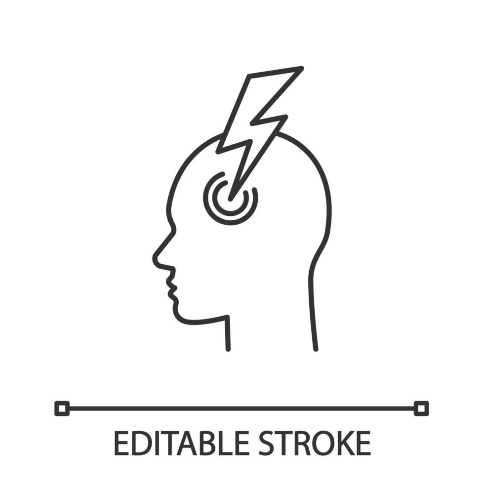 migrän linjär ikon. tunn linje illustration. mänskligt huvud med blixt. åskslag huvudvärk. tempeltryck, smärta. influensa symptom. kontur symbol. vektor isolerade konturritning. redigerbar linje