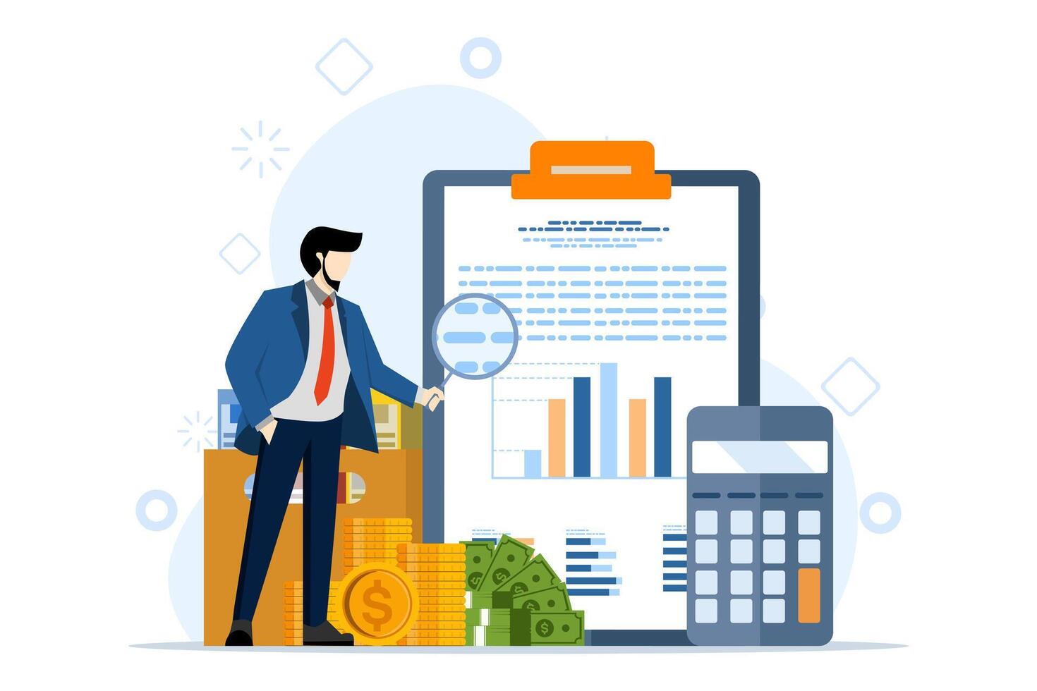 Konzept von Geschäft Analyse, Forschung zum Markt Wachstum, finanziell Bericht, Clever Geschäftsmann Analytiker halten Vergrößerung Glas Diagramm und Analyse Diagramm. Investition Daten oder Der Umsatz Information. vektor